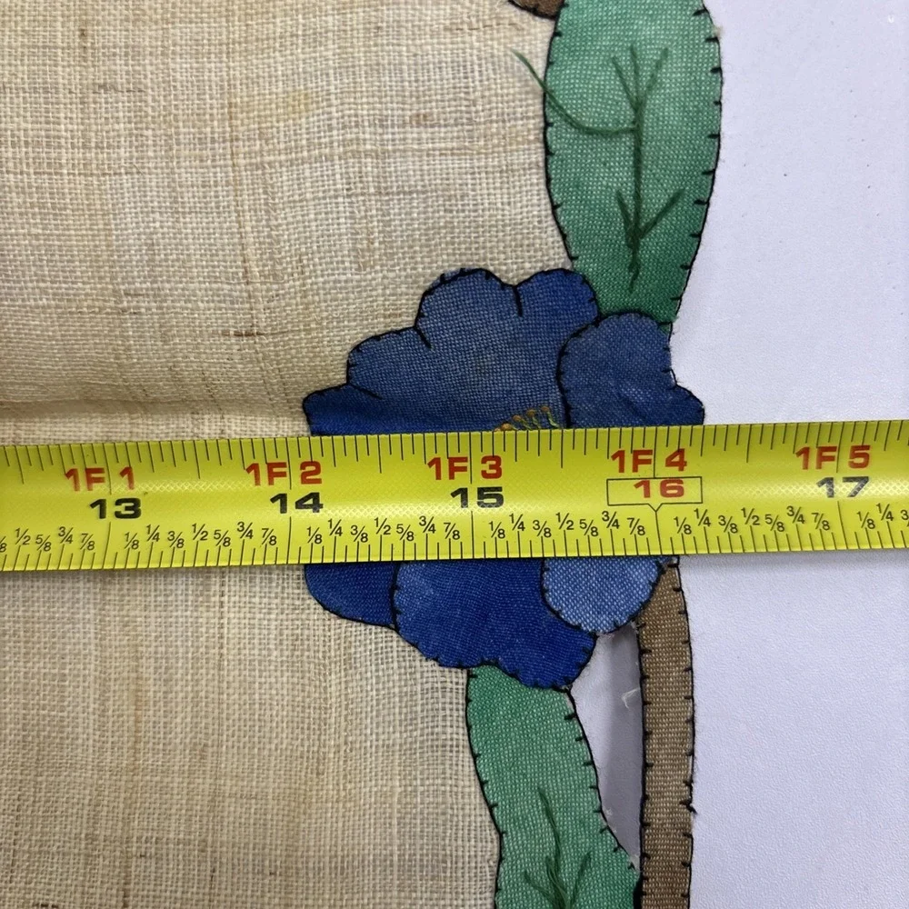 Antique Oval Shape Linen Doily‎ Hand Appliqued Poppy Flowers Poppies 34 Inch